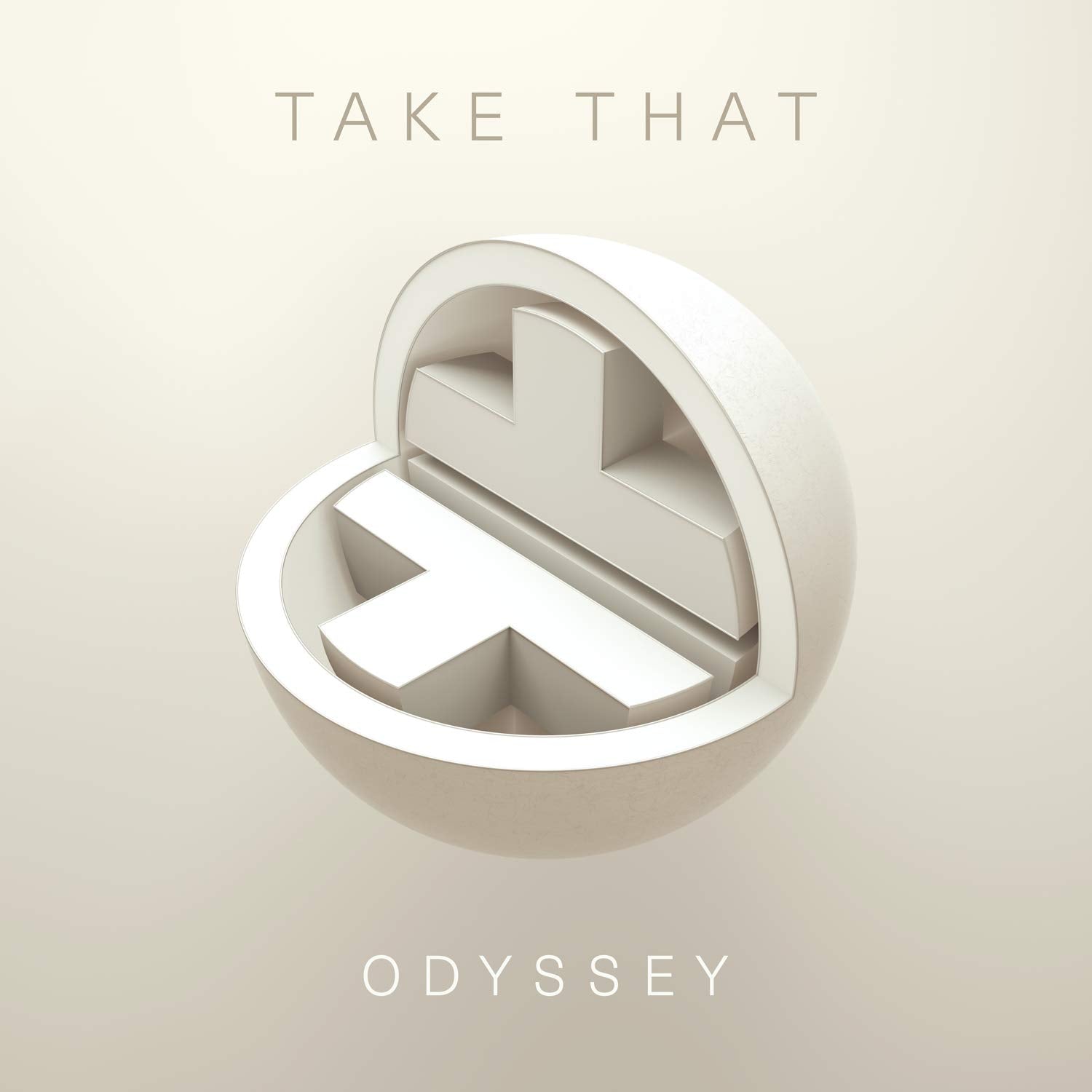 White 3D cross inside a sphere with "Take That" and "Odyssey" text.