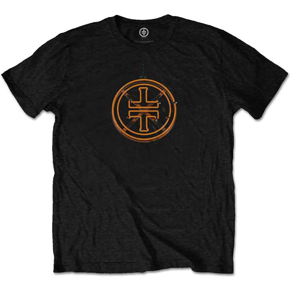 Black t-shirt with orange circular Take That logo on the chest.