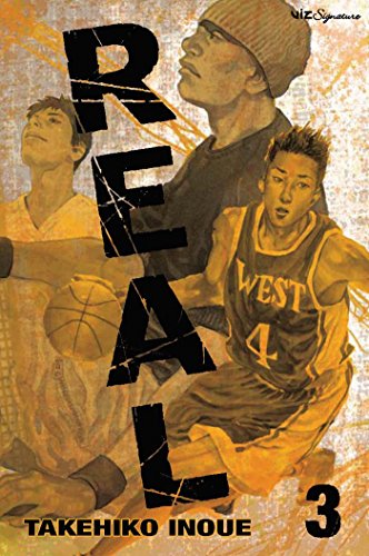 Manga cover featuring three basketball players with large black text reading REAL.
