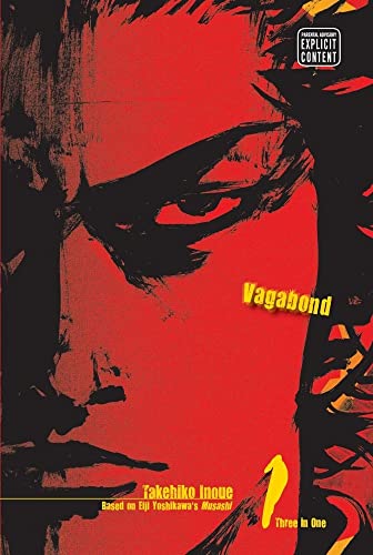 Red and black stylized close-up of a man's face on a manga cover.