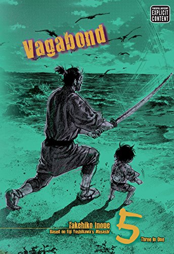 A samurai stands with a sword beside a child on a teal, textured background.