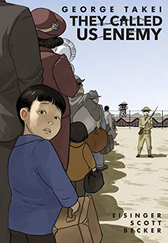 A young boy and others stand in line before an armed guard at camp.