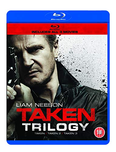Blu-ray case for the Taken Trilogy featuring Liam Neeson holding a gun.