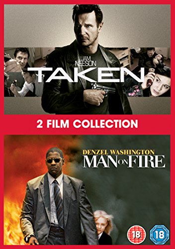 DVD cover featuring Liam Neeson and Denzel Washington in action films.