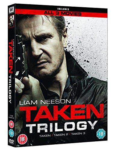DVD cover art for the Taken trilogy featuring Liam Neeson holding a handgun.