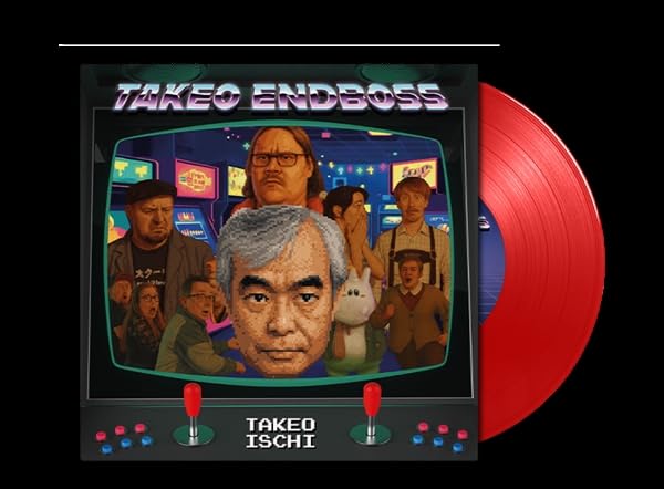 Takeo Endboss" vinyl record cover featuring portraits in a retro arcade cabinet.