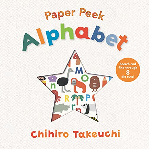 Children’s book cover, “Paper Peek: Alphabet,” with star and animal cutouts.