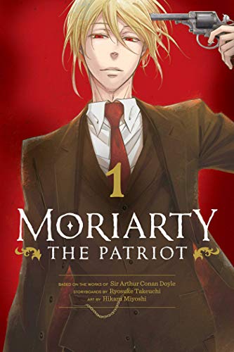 Blond man in suit holds gun to head on red background, manga cover.