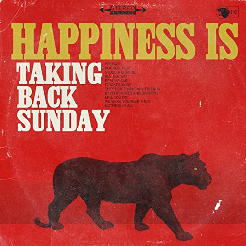 Red album cover for Taking Back Sunday’s “Happiness Is” with a panther.