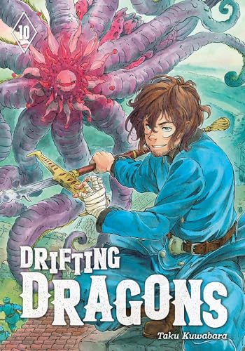 Manga cover: man with spear facing large, tentacled, pink dragon.