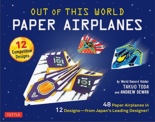 Cover of paper airplane kit featuring colorful, futuristic designs.