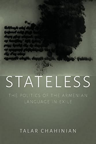 Book cover: "Stateless" by Talar Chahinian, with abstract dark imagery.