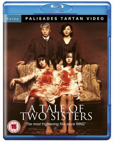 Blu-ray cover for A Tale of Two Sisters showing two bloodied girls on a sofa.