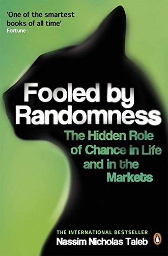 Book cover of "Fooled by Randomness" with black cat silhouette on green background.