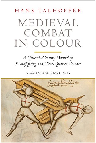 "Book cover with medieval combat illustration, showing two men fighting, one falling."