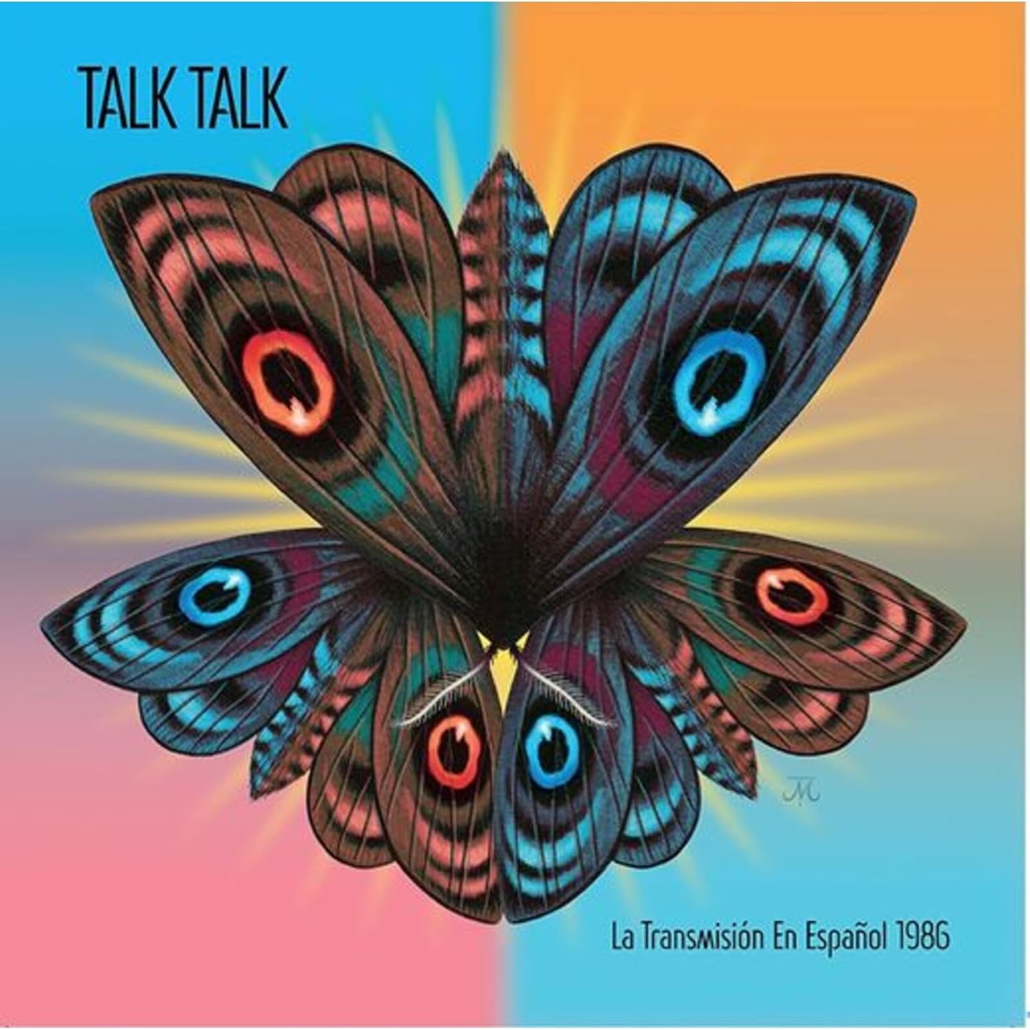 Album cover featuring colorful moth wings against a split blue, orange, and pink background.
