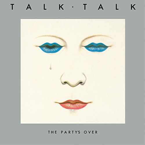"Album cover featuring a face with blue eyes and red lips on gray background."