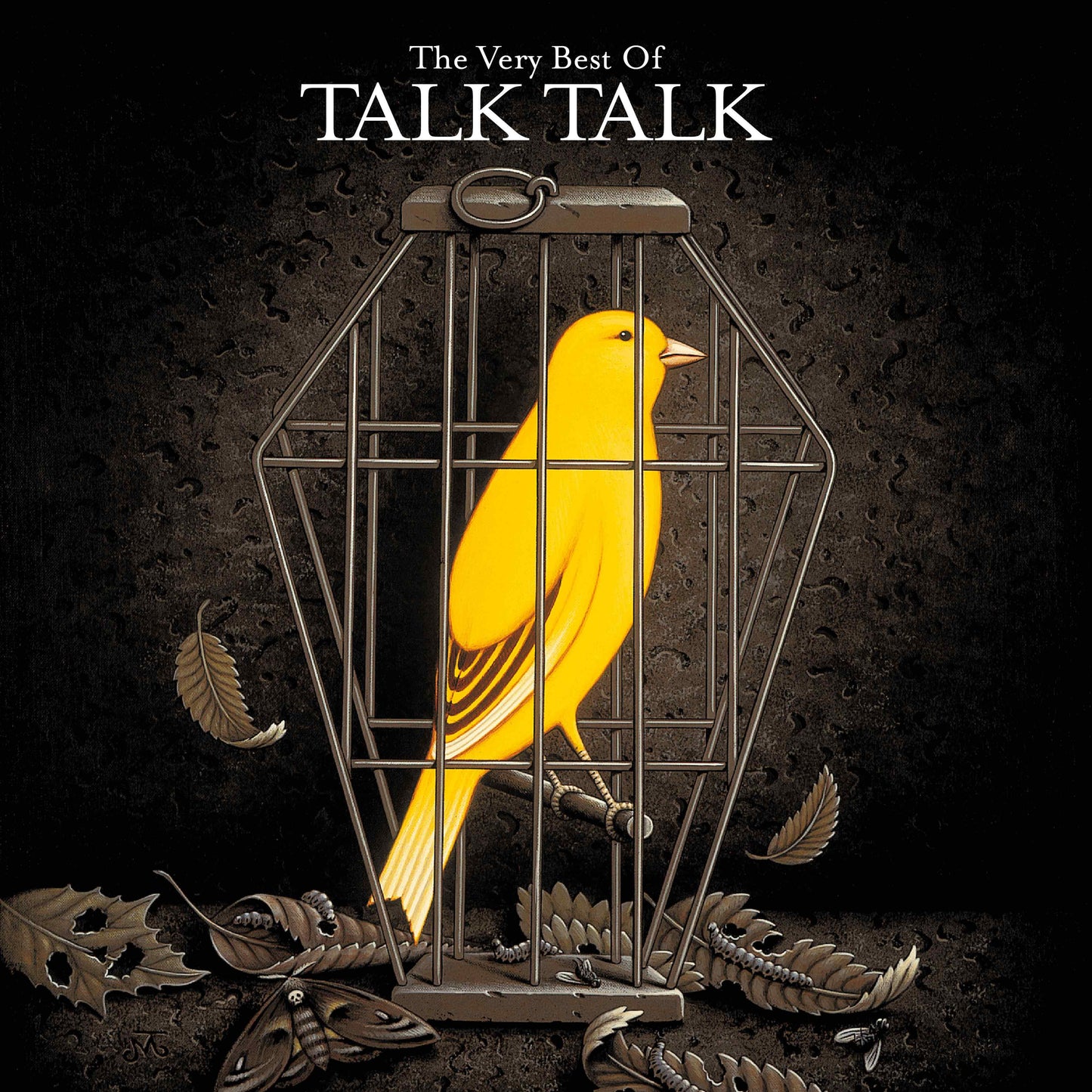 Yellow bird inside a vintage metal cage, dark textured background.