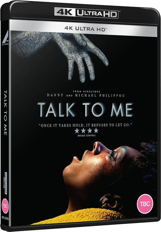 Talk to Me 4K UHD Blu-ray cover featuring a hand reaching toward a face.