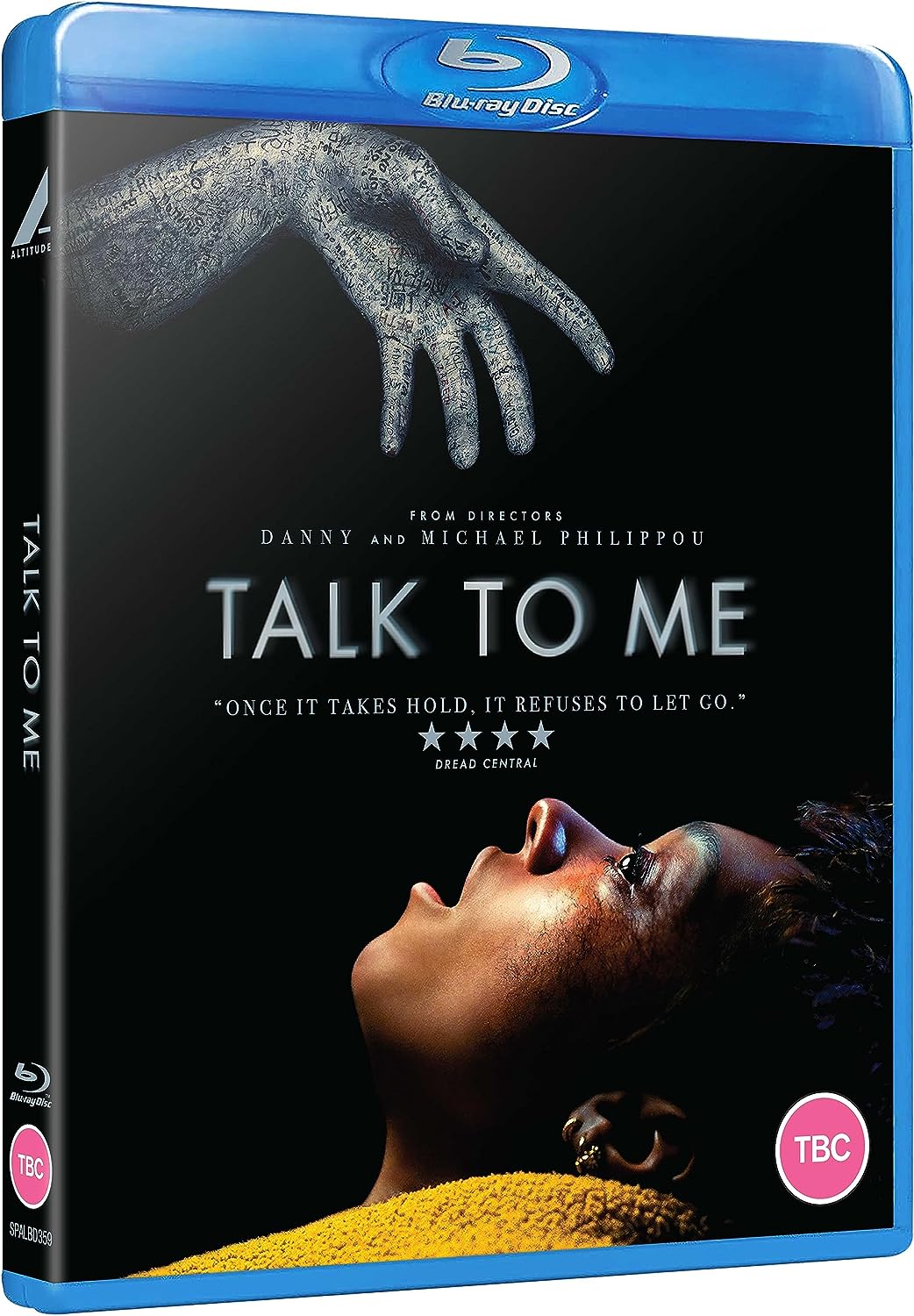 Blu-ray cover for Talk to Me featuring a hand reaching toward a person's face.