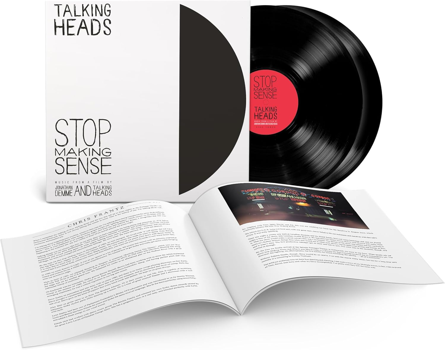 Talking Heads Stop Making Sense vinyl record, cover, and open booklet on white background.
