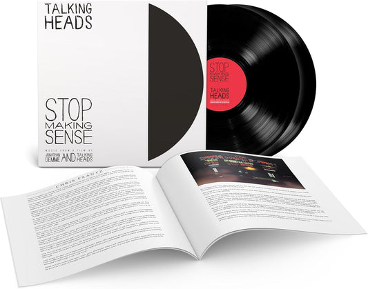 Talking Heads Stop Making Sense vinyl record, cover, and open booklet on white background.