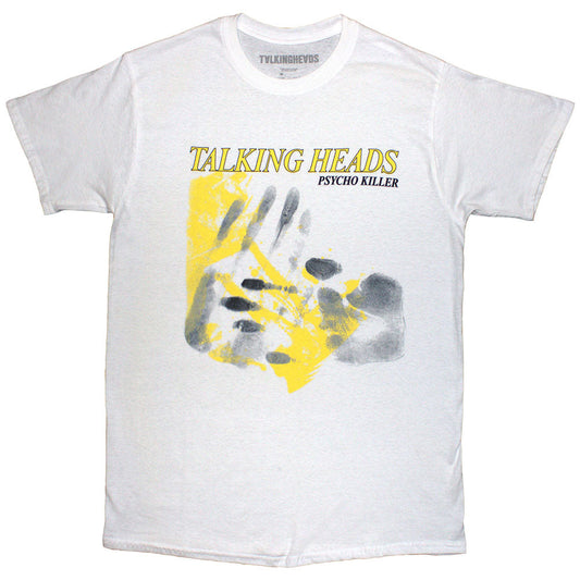 Black unisex t-shirt featuring a graphic print of hands inspired by Talking Heads.