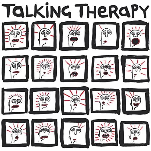 Album cover with repeating, hand-drawn faces in black frames with red sunbursts.