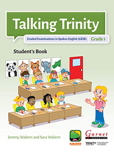 Talking Trinity Grade 1 student book cover featuring a classroom scene with cartoon children.