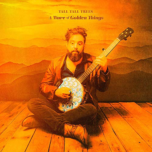 Album cover: Man with banjo seated on wood planks, golden background.