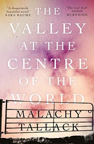 Book cover with a metal gate against a pink and purple sunset sky background.