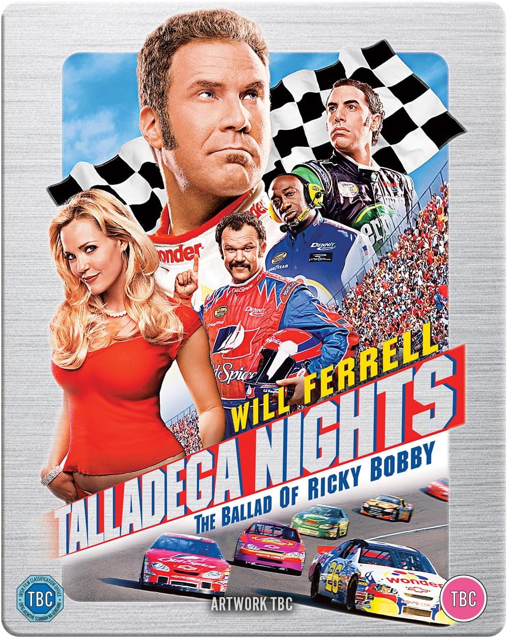 Blu-ray SteelBook cover for "Talladega Nights" featuring Will Ferrell and race cars.
