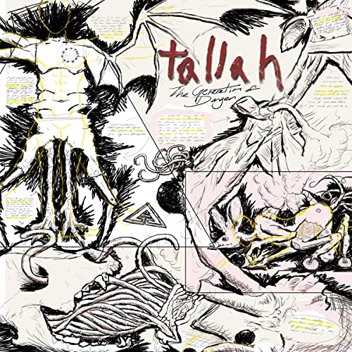 Black and white sketch of figures and symbols with red accents, album cover.