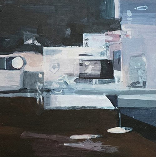 The image depicts an abstract painting featuring a record player. Alt text: "Abstract painting of a record player with dark and light colors."