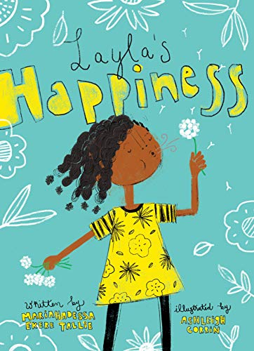 Illustration of a young Black girl holding white flowers, turquoise background.