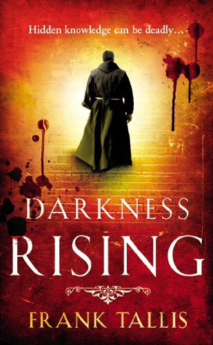 Book cover: man in coat ascending stairs, blood splatters, dark tones.