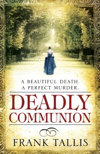 Book cover: woman in blue dress walking down a tree-lined path.
