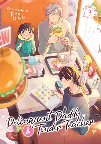 Manga cover: two men and a child at a fast food restaurant.