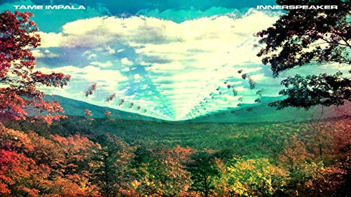 Tame Impala’s “InnerSpeaker” vinyl album cover with colorful landscape and sky.