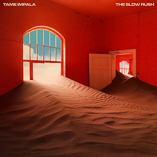 Album cover: red room with archway, doorway, and sand dunes.