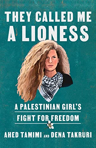 Book cover featuring an illustration of Ahed Tamimi with curly hair on teal background.