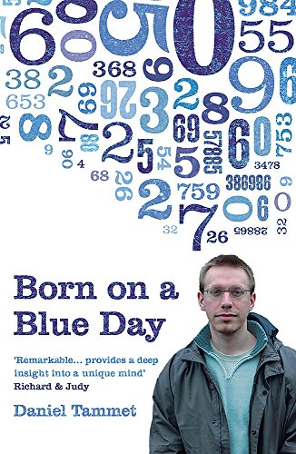 Book cover: "Born on a Blue Day" with portrait and blue numbers.