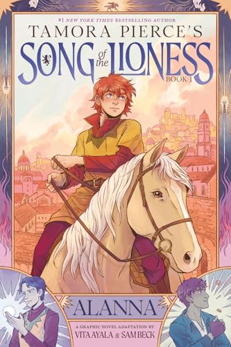 Girl disguised as a boy rides a white horse before a city.