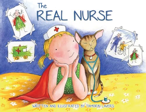 Book cover: girl in cape with cat, nursing theme illustrations.