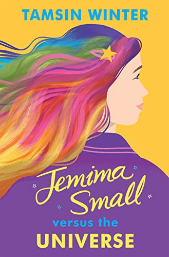 Book cover featuring a girl with long, rainbow-colored hair against a yellow background.