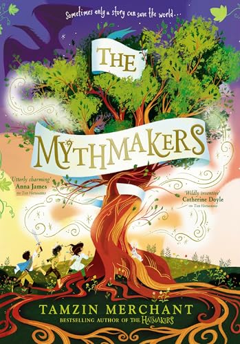 Book cover illustration showing three children running toward a large, magical, swirling tree.