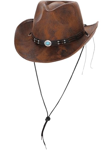 Brown cowboy hat with turquoise and silver hatband, and chin strap.
