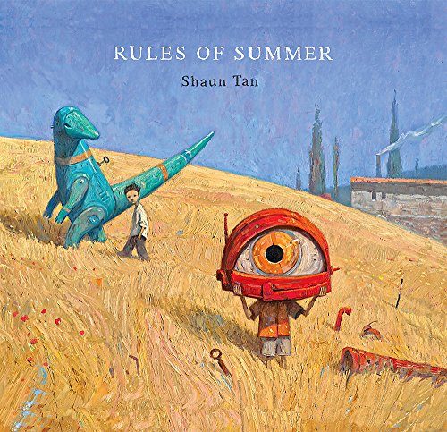 Book cover: boy with dinosaur and floating eye in a field.