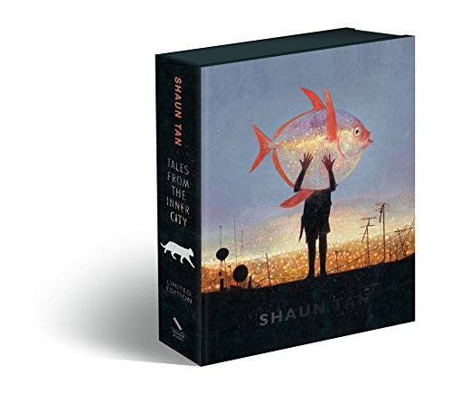 Dark gift box with illustration of a person holding a large fish.