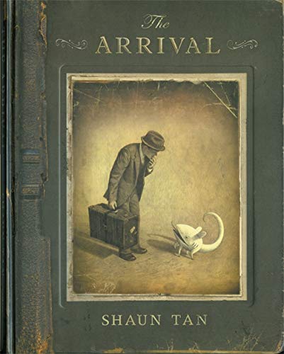 Book cover: man with suitcase and fantastical creature in sepia tones.